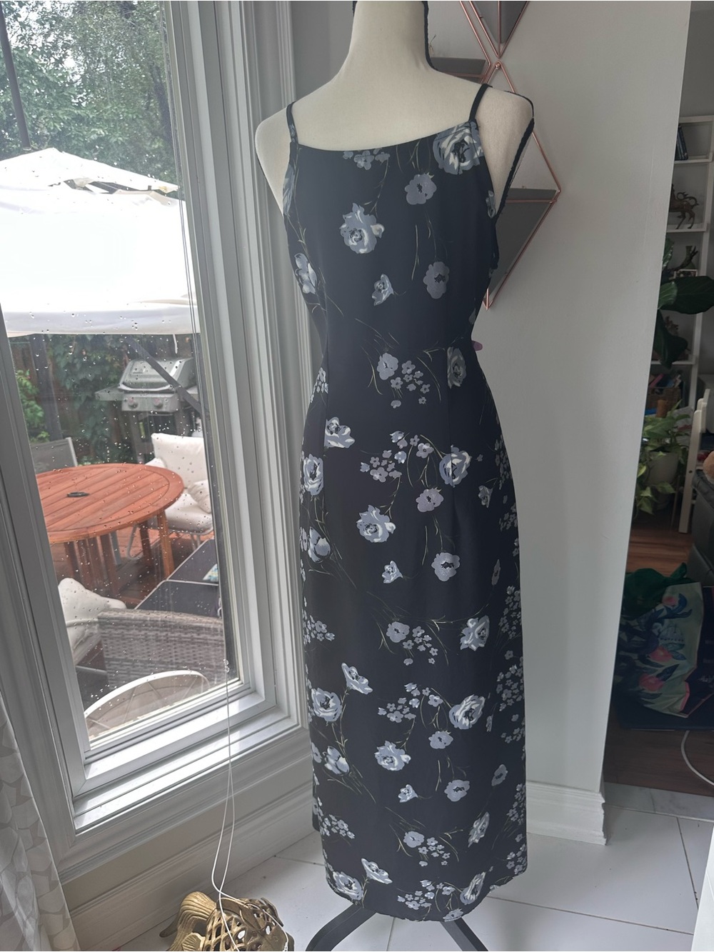 VINTAGE 90s Black Floral Slip Maxi Column Shift Halter Summer Dress Size Large - Picture 5 of 10